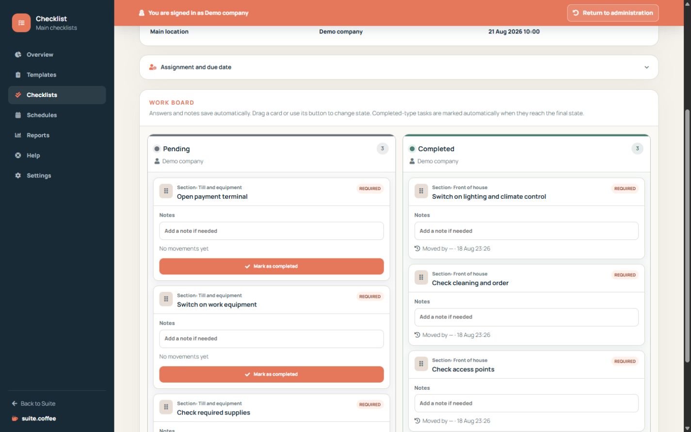 Checklist Kanban board with workflow columns, task answers, notes and movement controls.