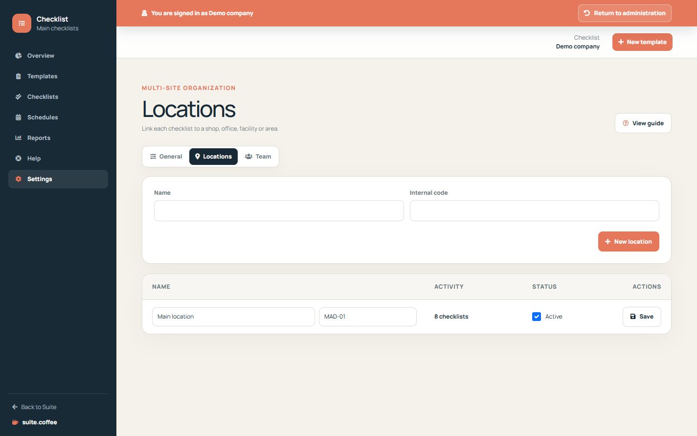 Checklist location management with code, activity, status and service team access.