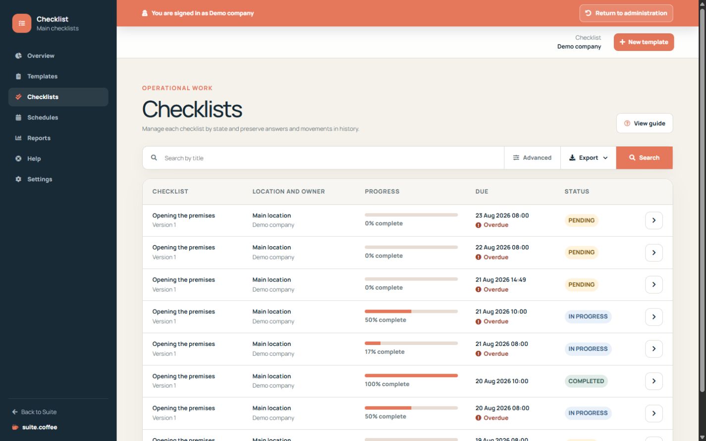 Operational Checklist work list with status, location, owner, progress and due date.