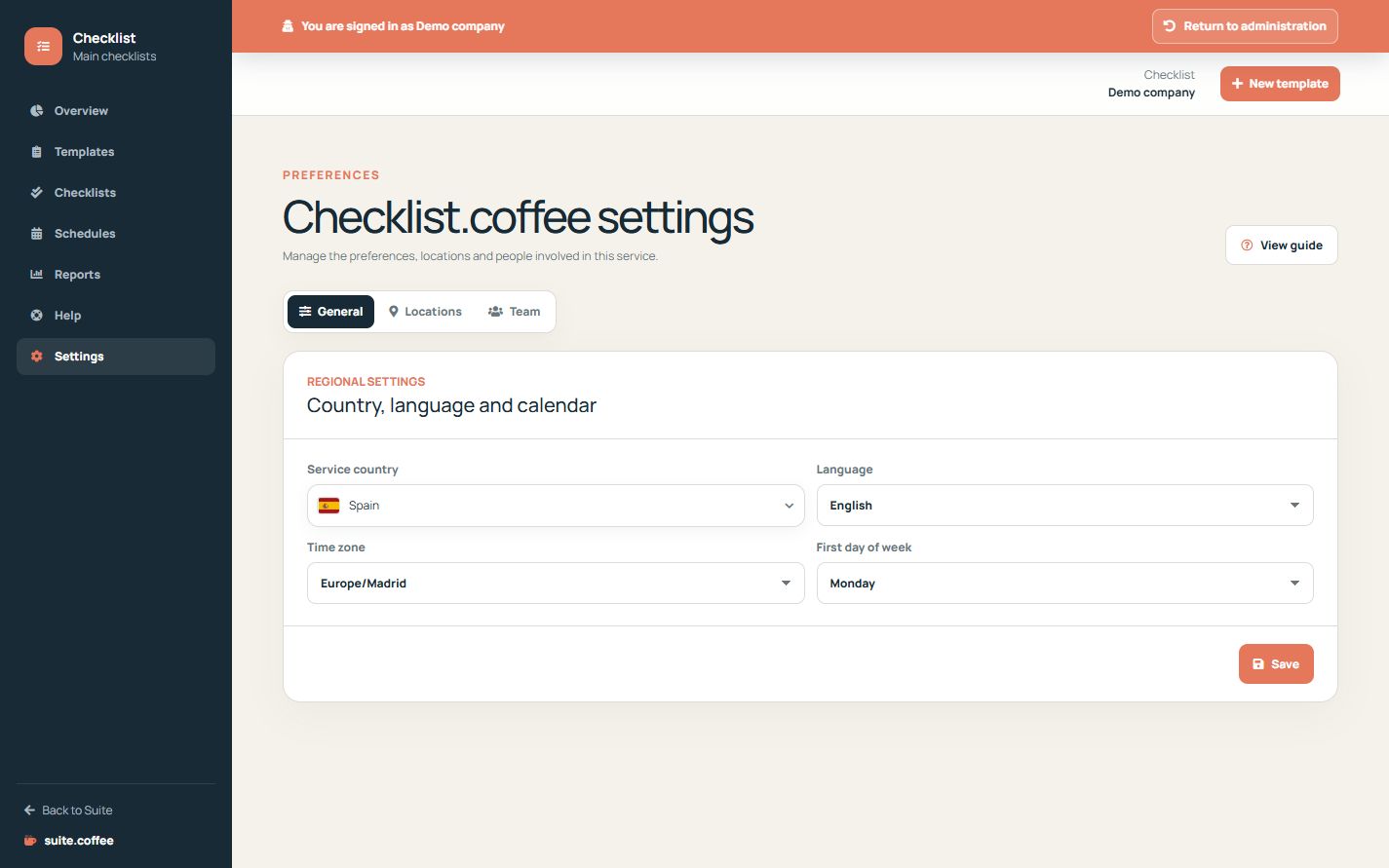 Checklist settings with service country, language, timezone and first weekday.