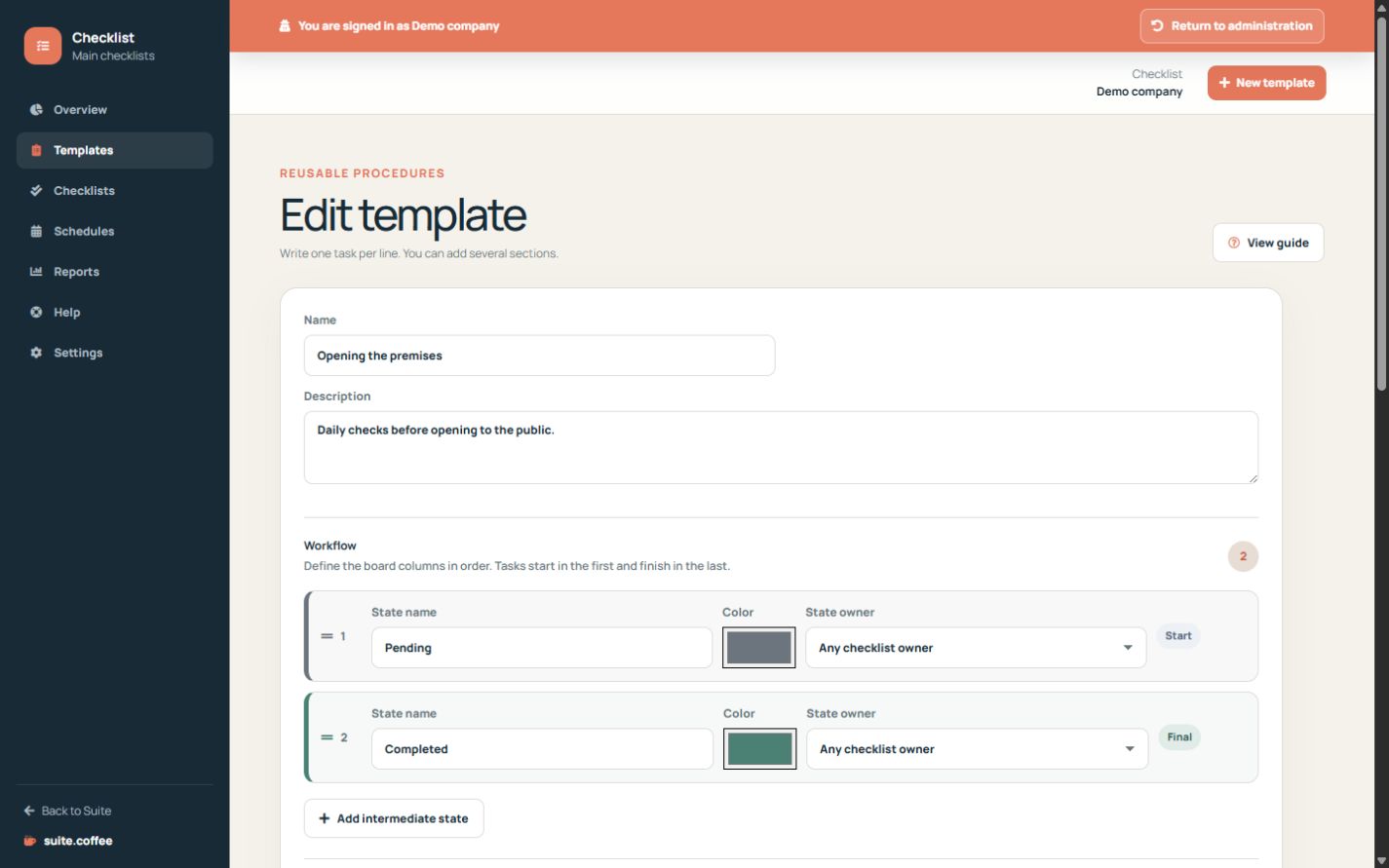 Checklist template editor with details, workflow states, sections and response rules.