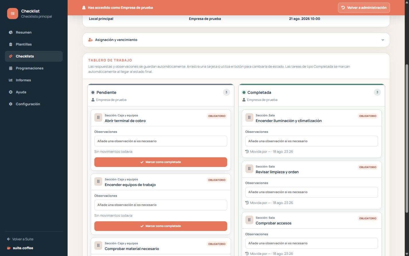 Tablero Kanban de Checklist con columnas, respuestas, notas y controles de movimiento.