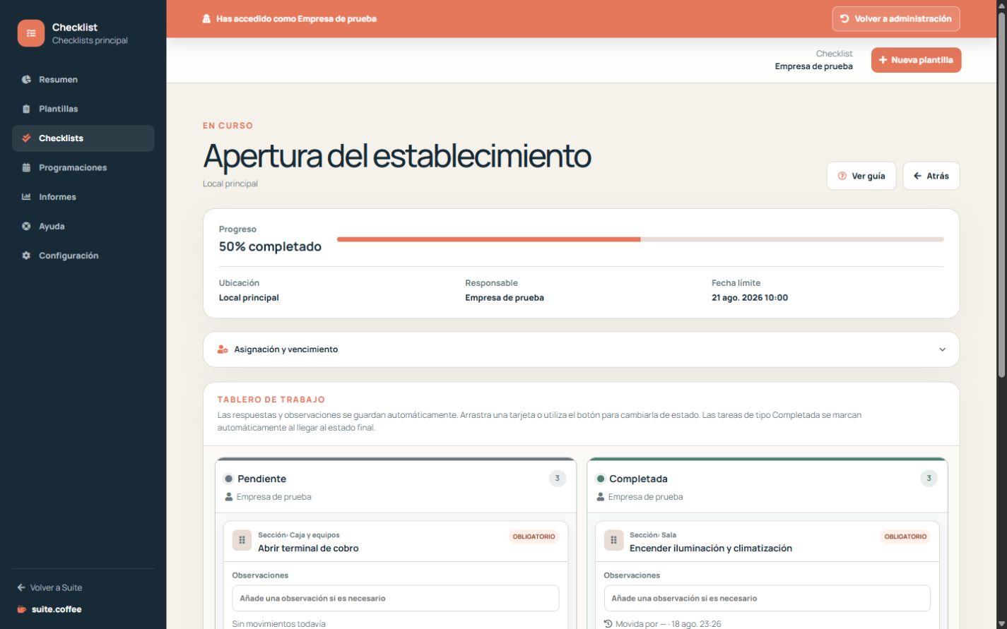 Detalle de Checklist con asignación, vencimiento, cancelación, reapertura e histórico.