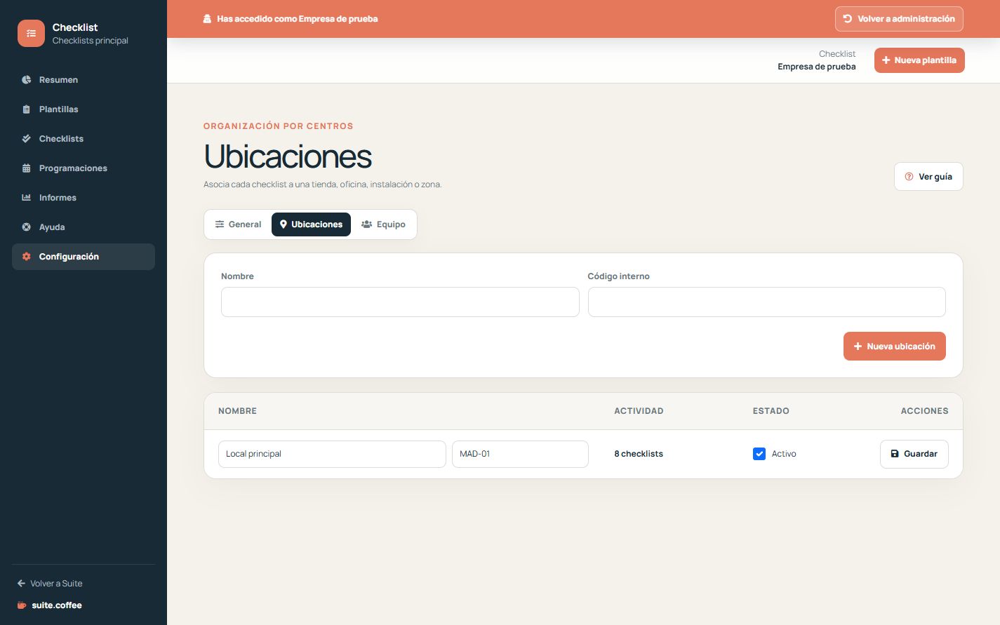 Gestión de ubicaciones de Checklist con código, actividad, estado y equipo.