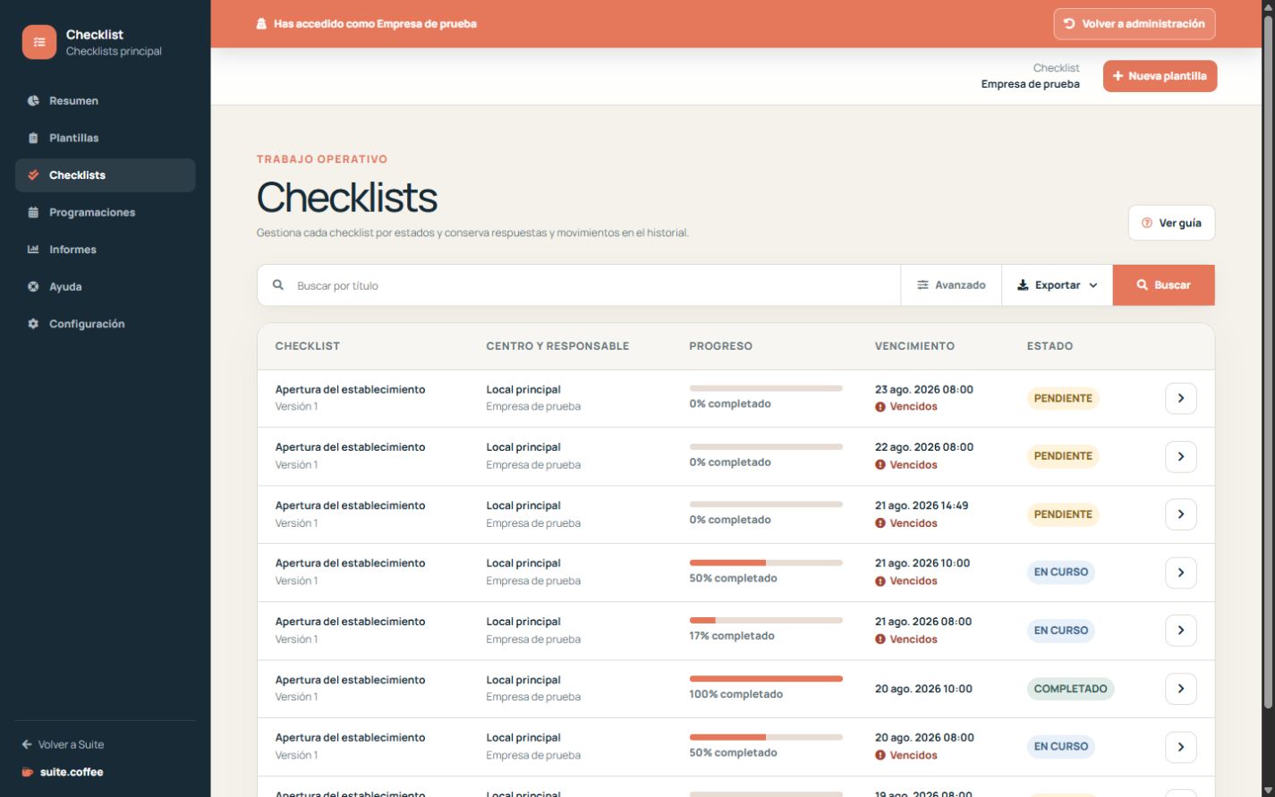 Listado operativo de Checklist con estado, ubicación, responsable, progreso y vencimiento.