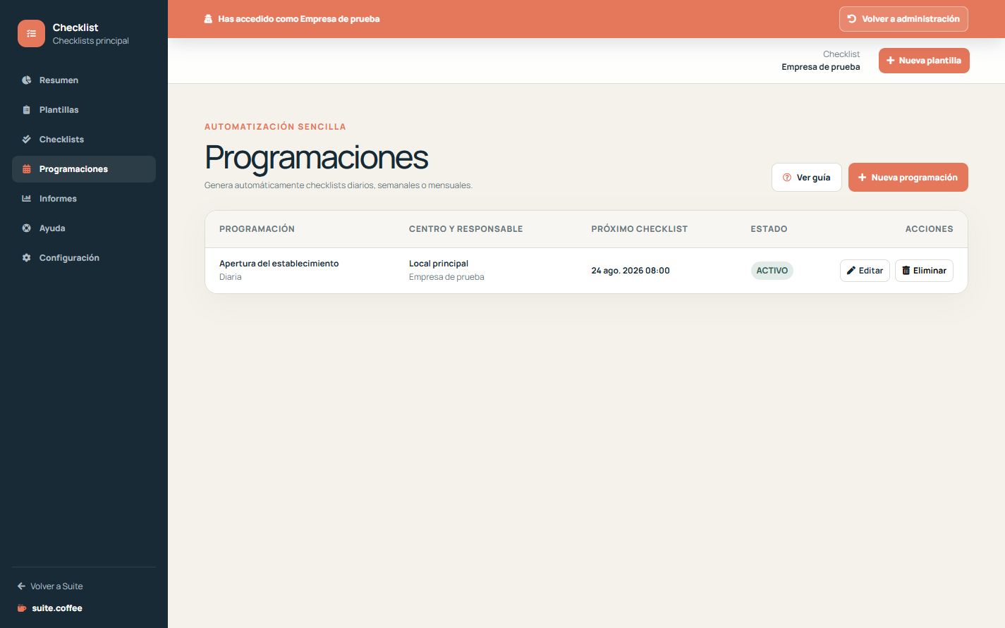 Listado de programaciones con plantilla, frecuencia, próximo vencimiento, responsable y estado.
