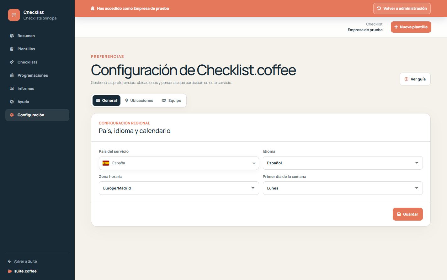 Ajustes de Checklist con país, idioma, zona horaria e inicio de semana.