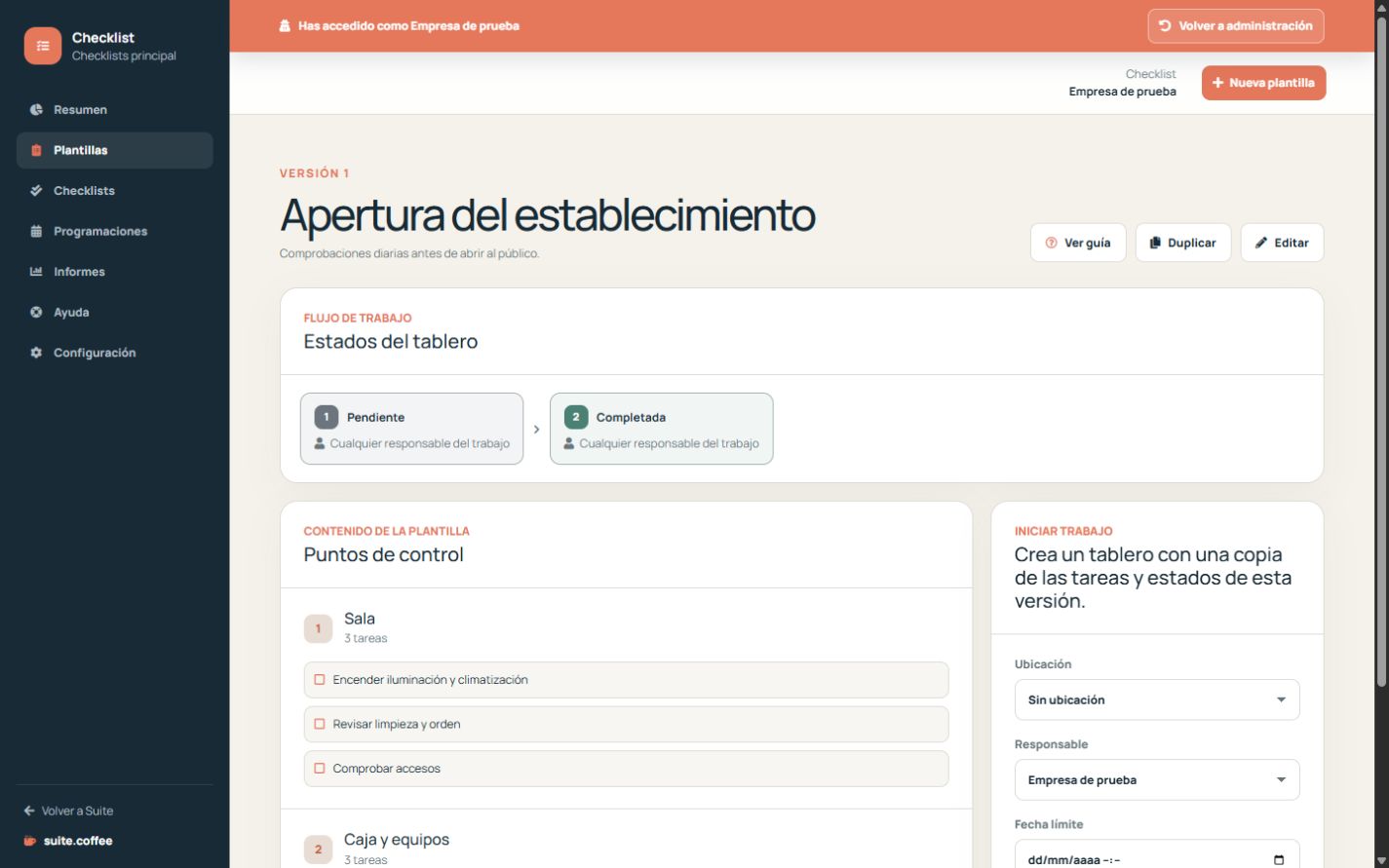 Detalle de plantilla con versión, flujo, secciones y acciones operativas.