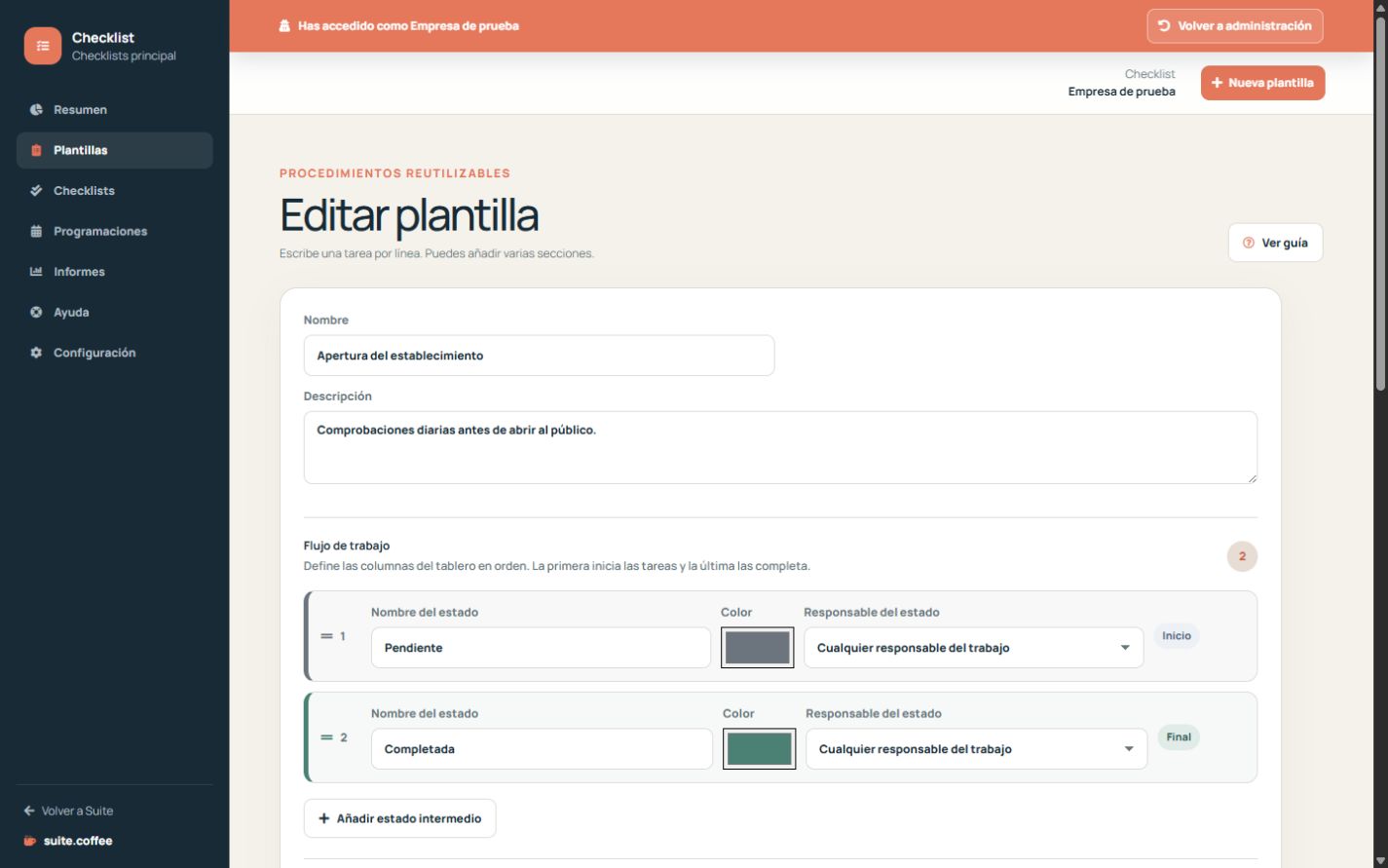 Editor de plantillas con datos, estados, secciones y reglas de respuesta.