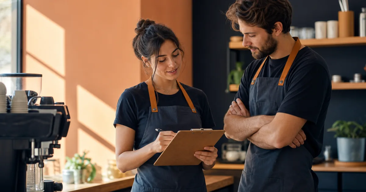 Small business team reviewing a shift handover checklist