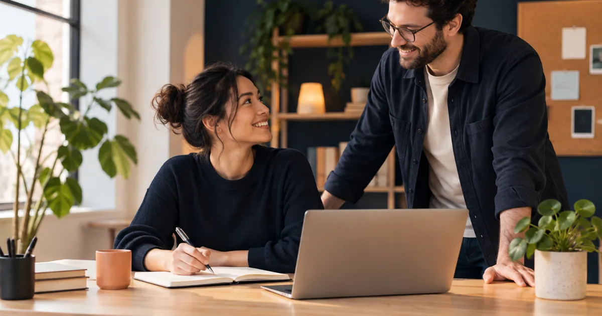 Propietario de una pequeña empresa revisa con un responsable de equipo una lista de incorporación de nuevos empleados