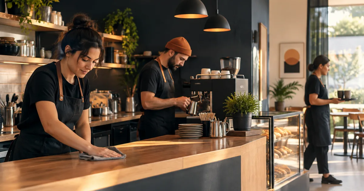 Un equipo pequeño de un café usa una lista de verificación antes y durante un turno