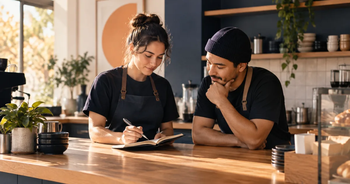 Small business team reviewing a shift handover checklist